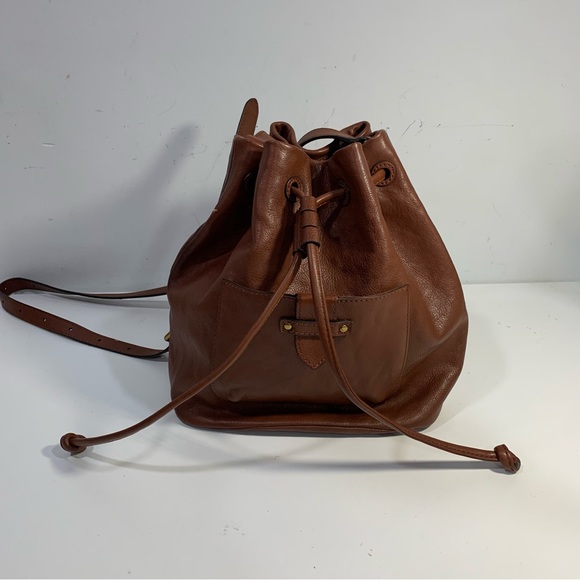 FRYE Olivia Bucket Drawstring Crossbody Bag Purse Cognac Dark Brown Leather - Picture 8 of 16